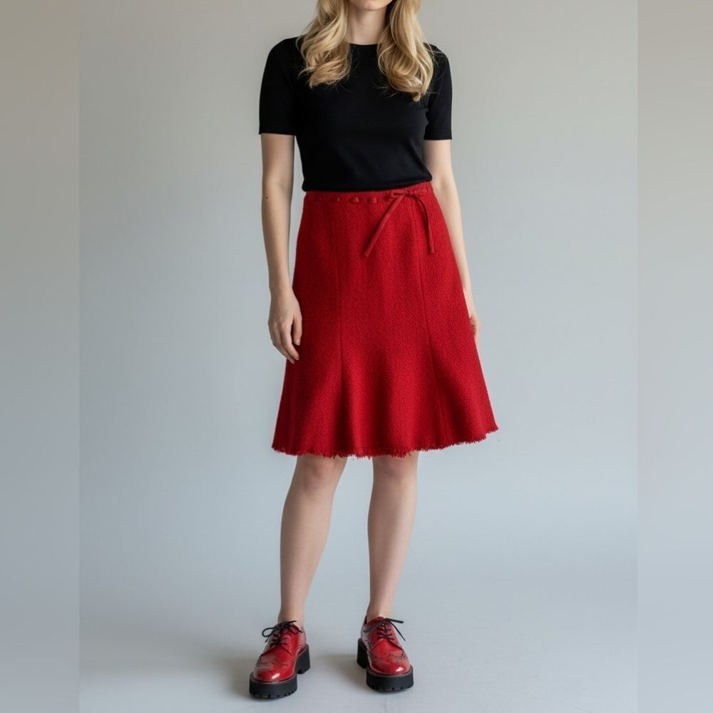 Sandra Angelozzi Red Woven Wooly Skirt with Ribbon Trim